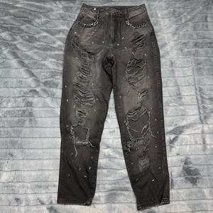 Studio F Distressed Jeans Women 4 Black Star Studded Chain Detail High Rise‎